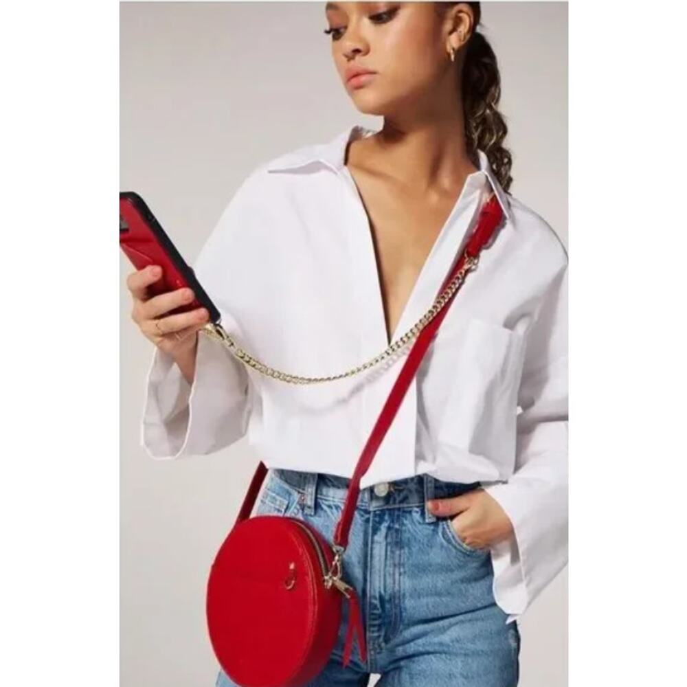 Bandolier Red Leather Round Crossbody Bag Gold Hardware Circle Purse